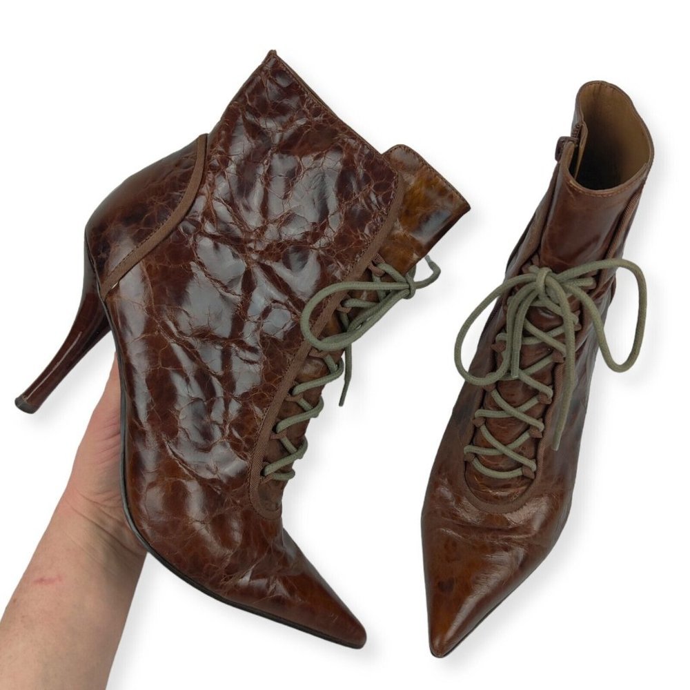 Nine West Belindia Sz 7 Boot Granny Cottage Boho Lace Up Distress Dark Academia